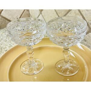 Vintage Clear Glass Diamond Fan Set of 2 Champagne‎ Tall Sherbet Glasses 1 Flaw